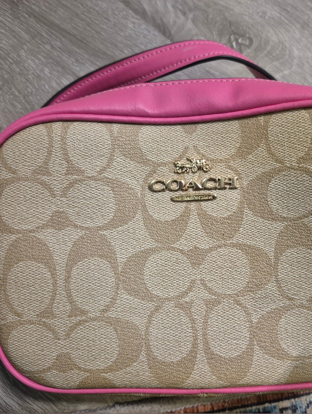 Coach Beige Signature Canvas Crossbody with Pink Trim